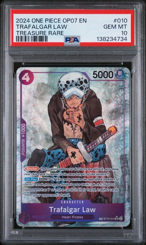 2024 ONE PIECE OP07-500 YEARS IN THE FUTURE 010 TRAFALGAR LAW TREASURE RARE PSA 10
