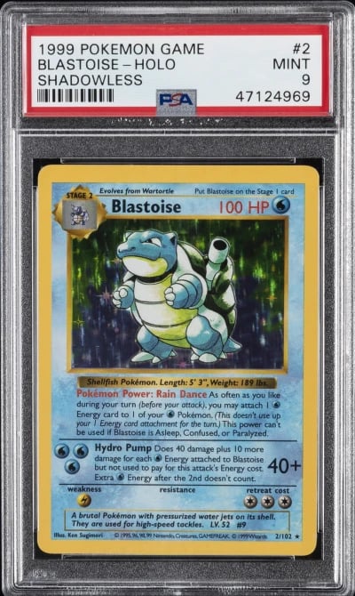 1999 POKEMON BASE SET SHADOWLESS #2 BLASTOISE-HOLO PSA 9