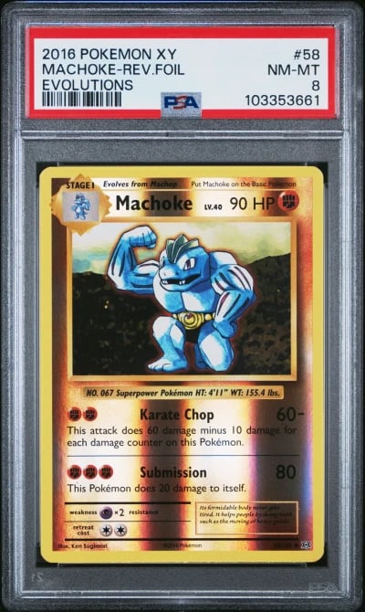 2016 POKEMON XY EVOLUTIONS #58 MACHOKE-REVERSE FOIL PSA 8