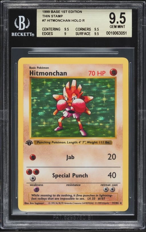 1999 Pokemon Base Shadowless 1st Edition Thin Stamp Holo Hitmonchan #7 BGS 9.5 GEM MINT