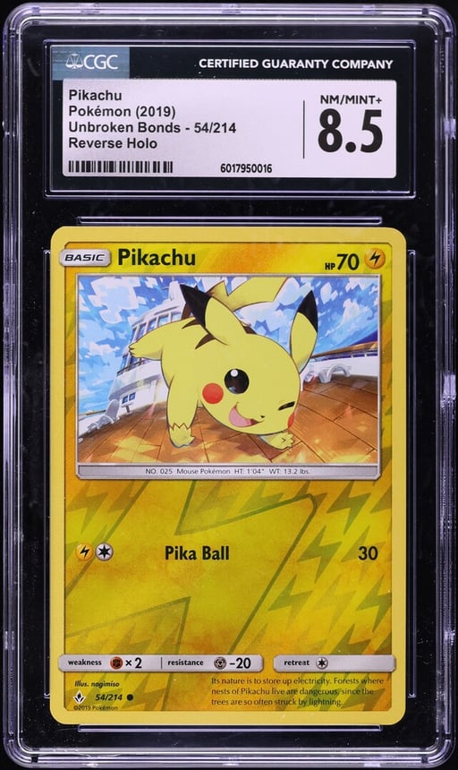 2019 Pokemon Sun & Moon Unbroken Bonds Reverse Holo Pikachu #54 CGC 8.5 NM-MT+