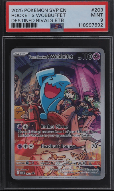 2025 Pokemon Scarlet and Violet Black Star Promos Destined Rivals Elite Trainer Box Team Rocket's Wobbuffet #203 PSA 9