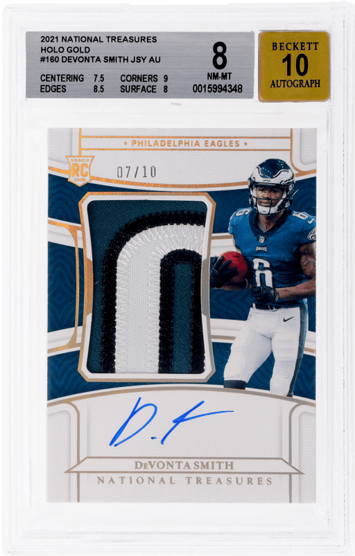 2021 National Treasures Rookie Patch Autograph Holo Gold Devonta Smith #160 7/10 BGS 8