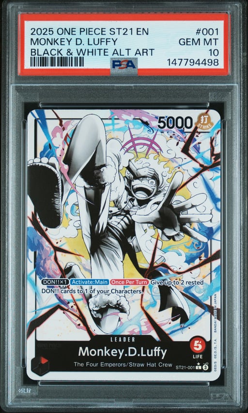 2025 ONE PIECE STARTER DECK ST21-EX GEAR 5 001 MONKEY D. LUFFY BLACK & WHITE ALTERNATE ART PSA 10