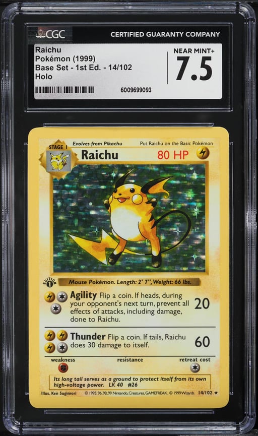 1999 Pokemon Base Set Shadowless 1st Edition Holo Raichu #14 CGC 7.5 NRMT+
