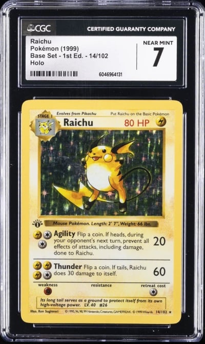 1999 POKEMON BASE SET 1ST ED HOLO #14/102 RAICHU CGC 7