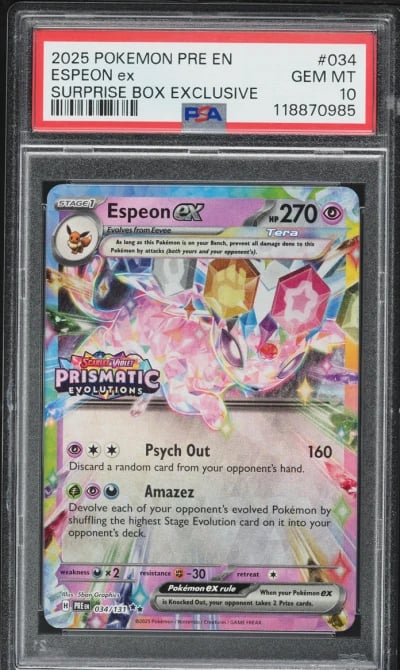 2025 Pokemon SV Prismatic Evolutions Surprise Box Holo Espeon EX #34 PSA 10 GEM MINT