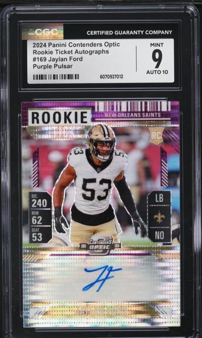 2024 Panini Contenders Optic Ticket Purple Pulsar Jaylan Ford RC AUTO /21 CGC 9