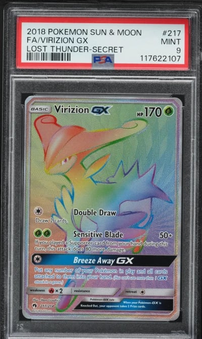 2018 Pokemon Sun & Moon Lost Thunder Rainbow Rare Virizion GX #217 PSA 9 MINT