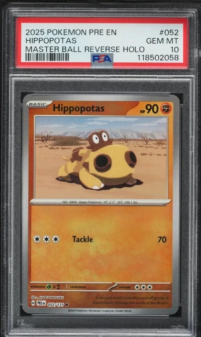 2025 Pokemon SV Prismatic Evolutions Master Ball Reverse Holo Hippopotas PSA 10