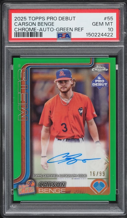 2025 Topps Chrome Pro Debut Green Refractor Carson Benge PROSPECT AUTO /99 #55 PSA 10 GEM MINT