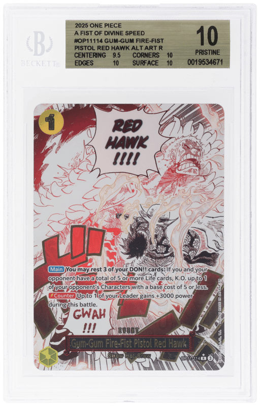 2025 One Piece A Fist of Divine Speed Alternate Art Gum Gum Fire Fist Pistol Red Hawk #OP11-114 BGS 10
