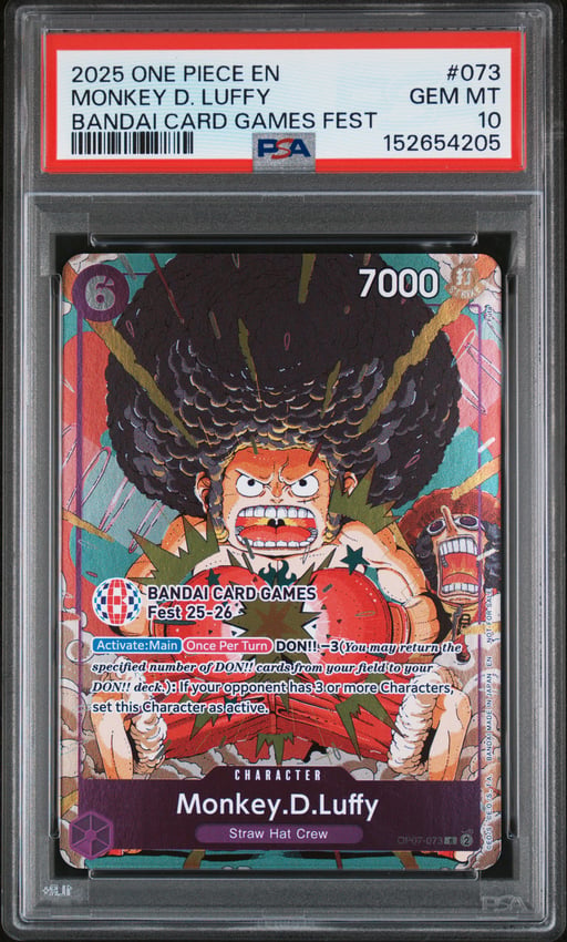 2025 ONE PIECE PROMOS 073 MONKEY D. LUFFY BANDAI CARD GAMES FEST PSA 10