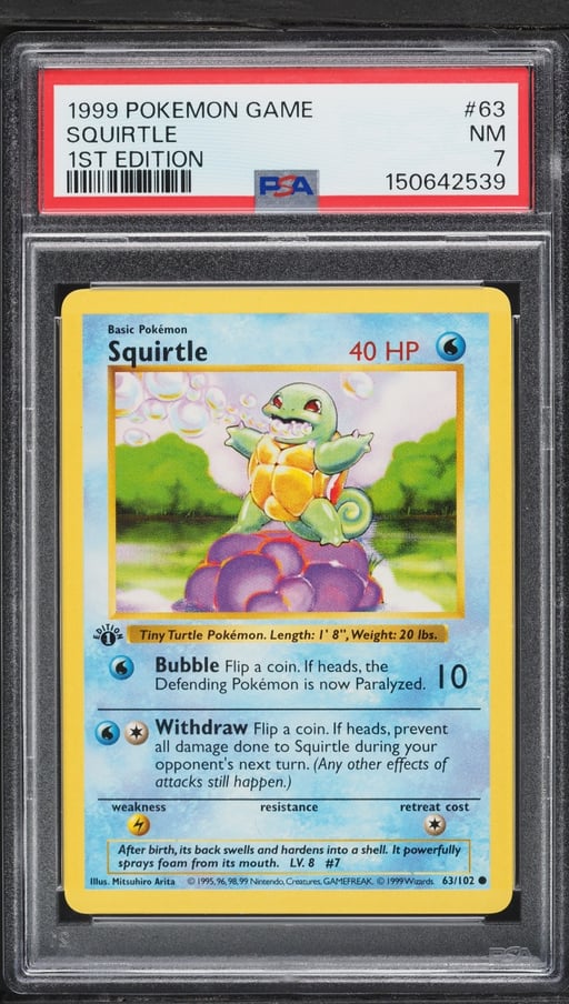 1999 Pokemon Base Set Shadowless 1st Edition Squirtle #63 PSA 7 NRMT