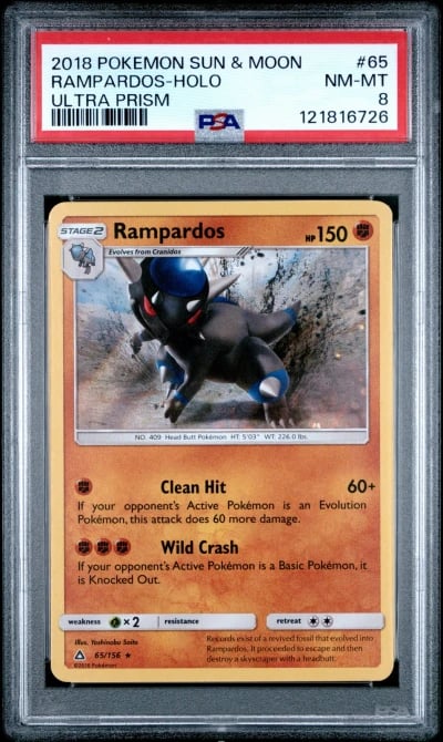 2018 POKEMON SUN & MOON ULTRA PRISM #65 RAMPARDOS-HOLO PSA 8