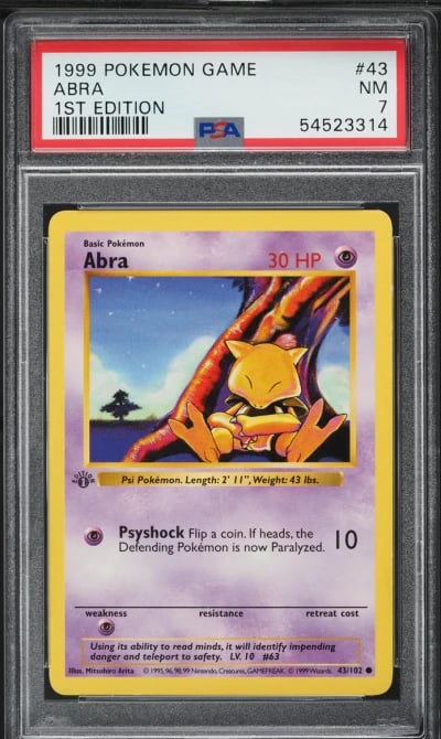 1999 Pokemon Base Set Shadowless 1st Edition Abra #43 PSA 7 NRMT