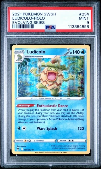 2021 POKEMON SWORD & SHIELD EVOLVING SKIES #034 LUDICOLO-HOLO PSA 9