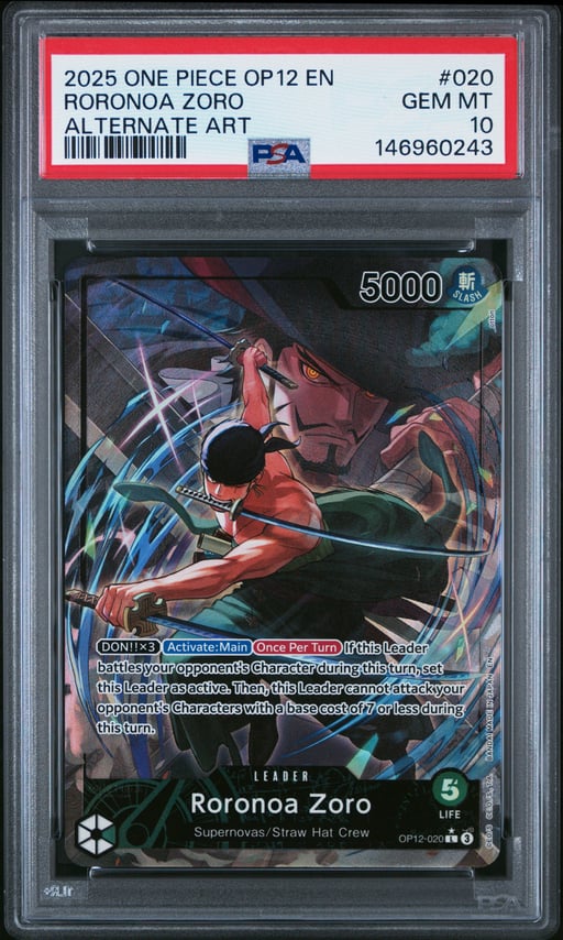 2025 ONE PIECE OP12-LEGACY OF THE MASTER 020 RORONOA ZORO ALTERNATE ART PSA 10