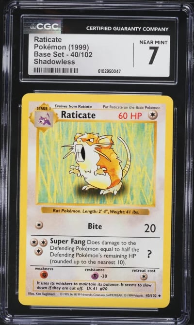 1999 Pokemon Base Set Shadowless Raticate #40 CGC 7 NRMT