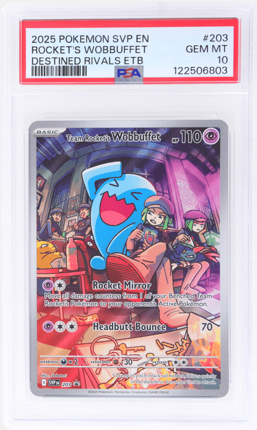 2025 Pokemon Scarlet and Violet Black Star Promo Destined Rivals Elite Trainer Box Team Rocket's Wobbuffet #203 PSA 10