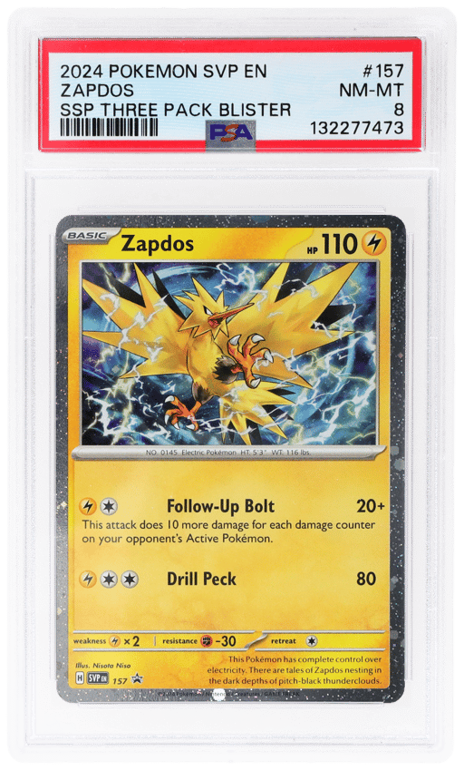 2024 Pokemon Black Star Promo Surging Sparks Three Pack Blisters Zapdos #157 PSA 8