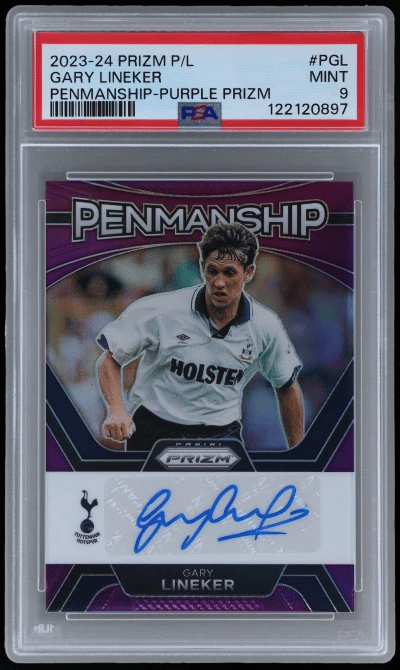 2023 Panini Prizm Premier League Autograph Penmanship Purple Prizm Gary Lineker #PGL 7/25 PSA 9