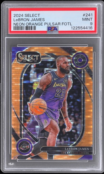 2024 Panini Select Courtside Neon Orange Pulsar Fotl LeBron James #241 2/18 PSA 9