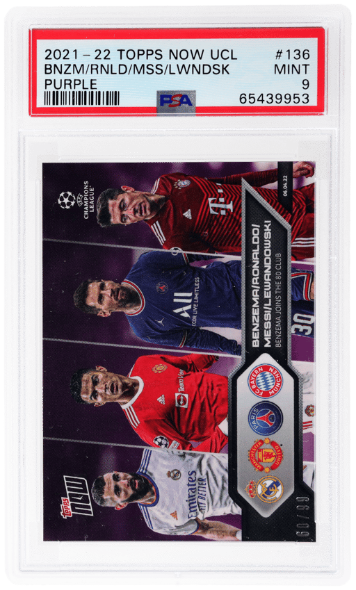 2021 Topps Now UEFA Champions League Purple Cristiano Ronaldo/Karim Benzema/Lionel Messi/Robert Lewandowski #136 60/99 PSA 9