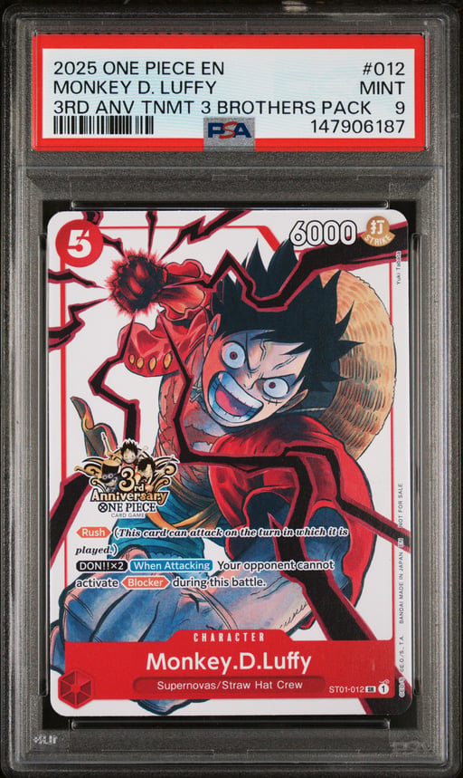 2025 ONE PIECE 3RD ANNIVERSARY TOURNAMENT 3 BROTHERS PACK 012 MONKEY D. LUFFY PSA 9