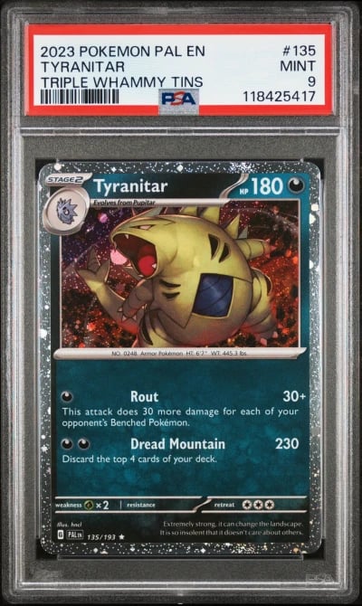 2023 POKEMON PAL EN-PALDEA EVOLVED TRIPLE WHAMMY TINS #135 TYRANITAR PSA 9