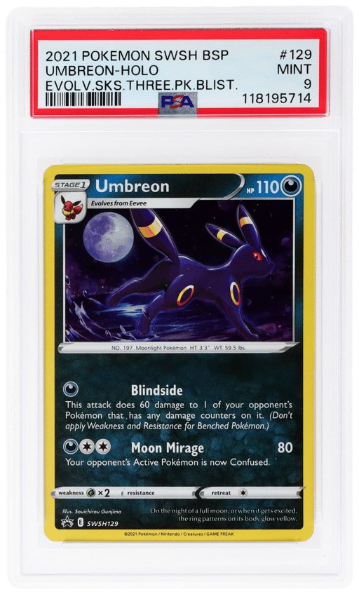 2021 Pokemon Sword and Shield Black Star Promo Evolving Skies Three Pack Blisters Holo Umbreon #129 PSA 9
