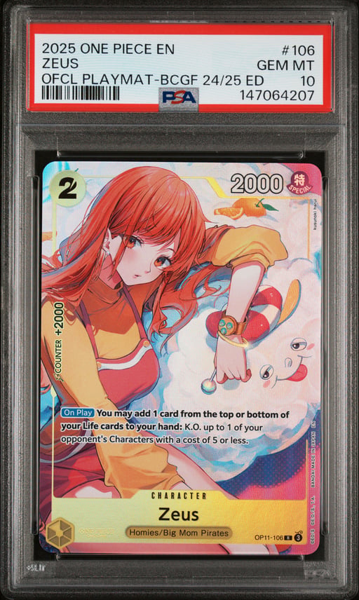 2025 ONE PIECE PROMOS 106 ZEUS OFFICIAL PLAYMAT-BANDAI CARD GAMES FEST 24-25 EDITION PSA 10