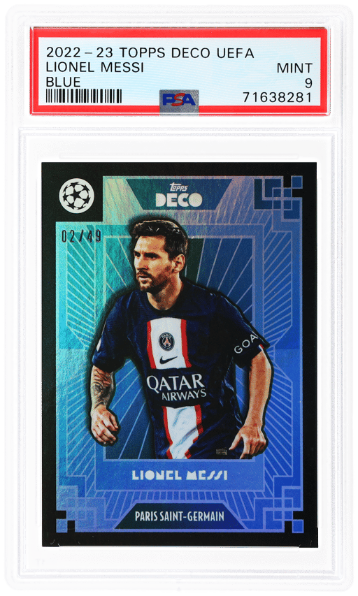 2022 Topps Deco UEFA Blue Lionel Messi 2/49 PSA 9