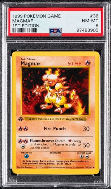 1999 POKEMON GAME #36 MAGMAR 1ST EDITION PSA 8