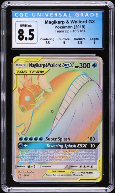2019 Pokemon Sun & Moon Team Up Rainbow Rare Magikarp & Wailord GX #183 CGC 8.5