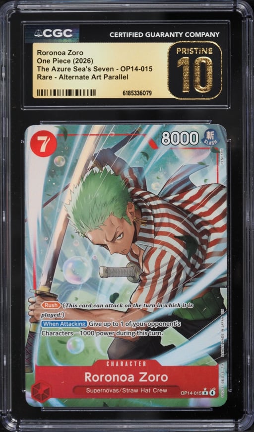 2026 One Piece The Azure Sea's Seven Alt Art Roronoa Zoro #OP14-015 CGC 10 PRISTINE