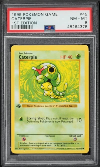 1999 Pokemon Base Set Shadowless 1st Edition Caterpie #45 PSA 8 NM-MT