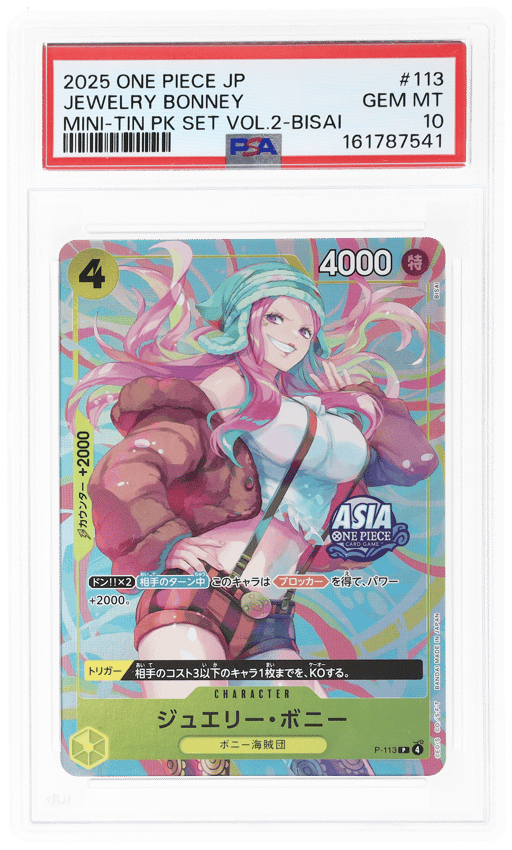 2025 One Piece Promo Mini Tin Pack Set Volume 2 Japanese Bisai Jewelry Bonney #P113 PSA 10