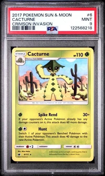 2017 POKEMON SUN & MOON CRIMSON INVASION #6 CACTURNE PSA 9