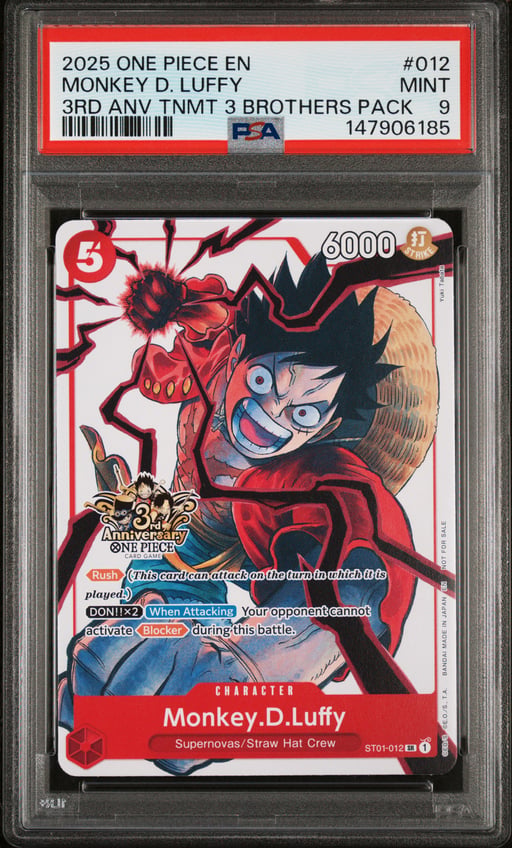 2025 ONE PIECE 3RD ANNIVERSARY TOURNAMENT 3 BROTHERS PACK 012 MONKEY D. LUFFY PSA 9