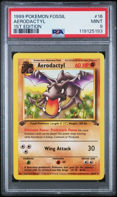 1999 POKEMON FOSSIL 1ST ED #16 AERODACTYL PSA 9