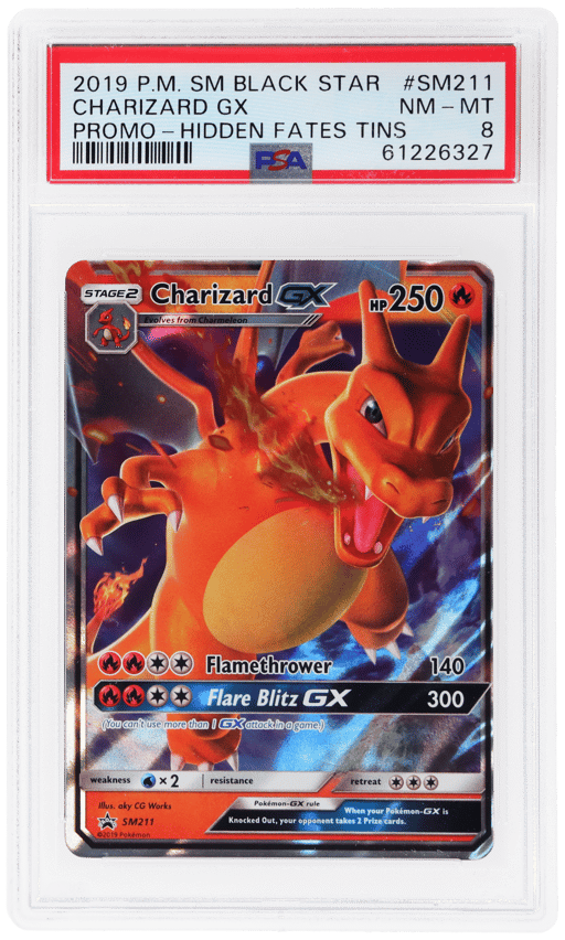 2019 Pokemon Sun and Moon Black Star Promo Hidden Fates Tins Charizard Gx #SM211 PSA 8