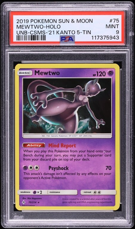 2019 Pokemon Sun & Moon Unbroken Bonds Cosmos Holo Mewtwo #75 PSA 9 MINT