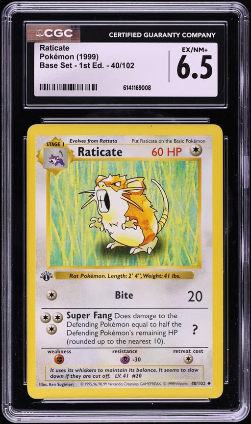 1999 Pokemon Base Set Shadowless 1st Edition Raticate #40 CGC 6.5 EXMT+