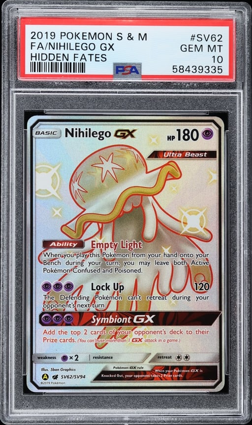 2019 Pokemon Sun & Moon Hidden Fates Full Art Shiny Nihilego GX #SV62 PSA 10 GEM MINT