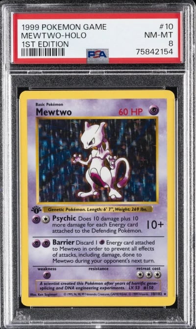 1999 POKEMON BASE SET 1ST EDITION SHADOWLESS #10 MEWTWO HOLO PSA 8