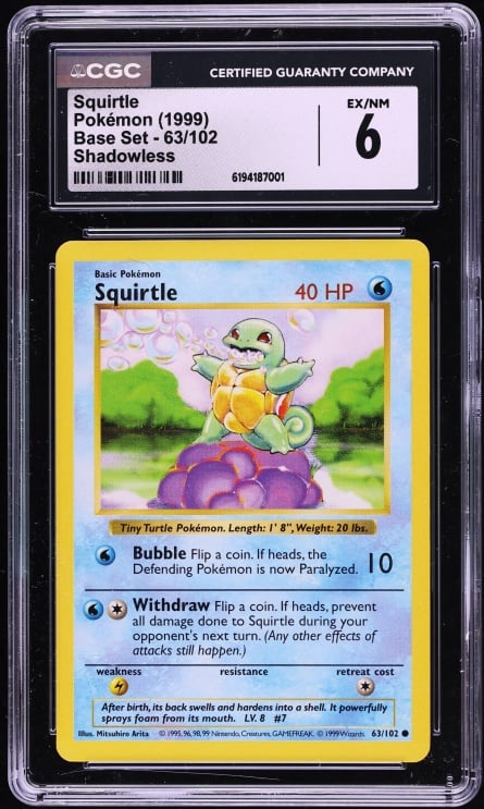 1999 Pokemon Base Set Shadowless Squirtle #63 CGC 6 EXMT