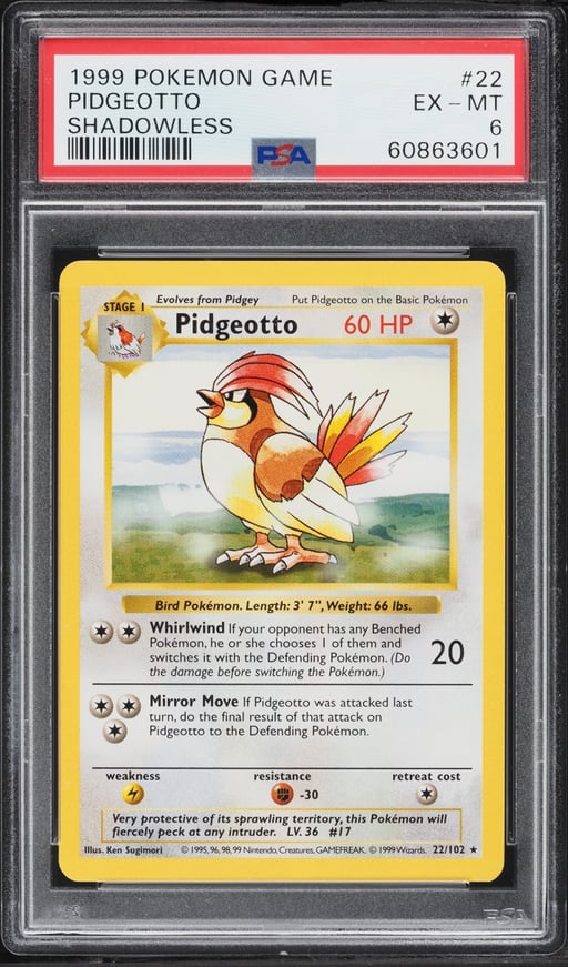 1999 Pokemon Base Set Shadowless Pidgeotto #22 PSA 6 EXMT