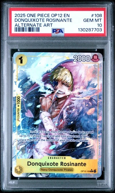 2025 ONE PIECE OP12-LEGACY OF THE MASTER 108 DONQUIXOTE ROSINANTE ALTERNATE ART PSA 10