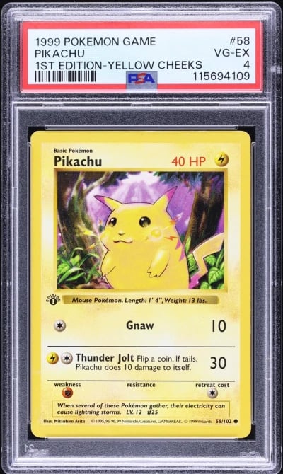 1999 Pokemon Base Set Shadowless 1st Edition Yellow Cheeks Pikachu #58 PSA 4